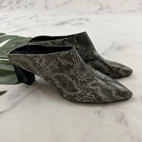 AGL Womens Mule Booties Heels Size 42 11 Black Gray Snakeskin Leather Point Toe - Picture 1 of 7
